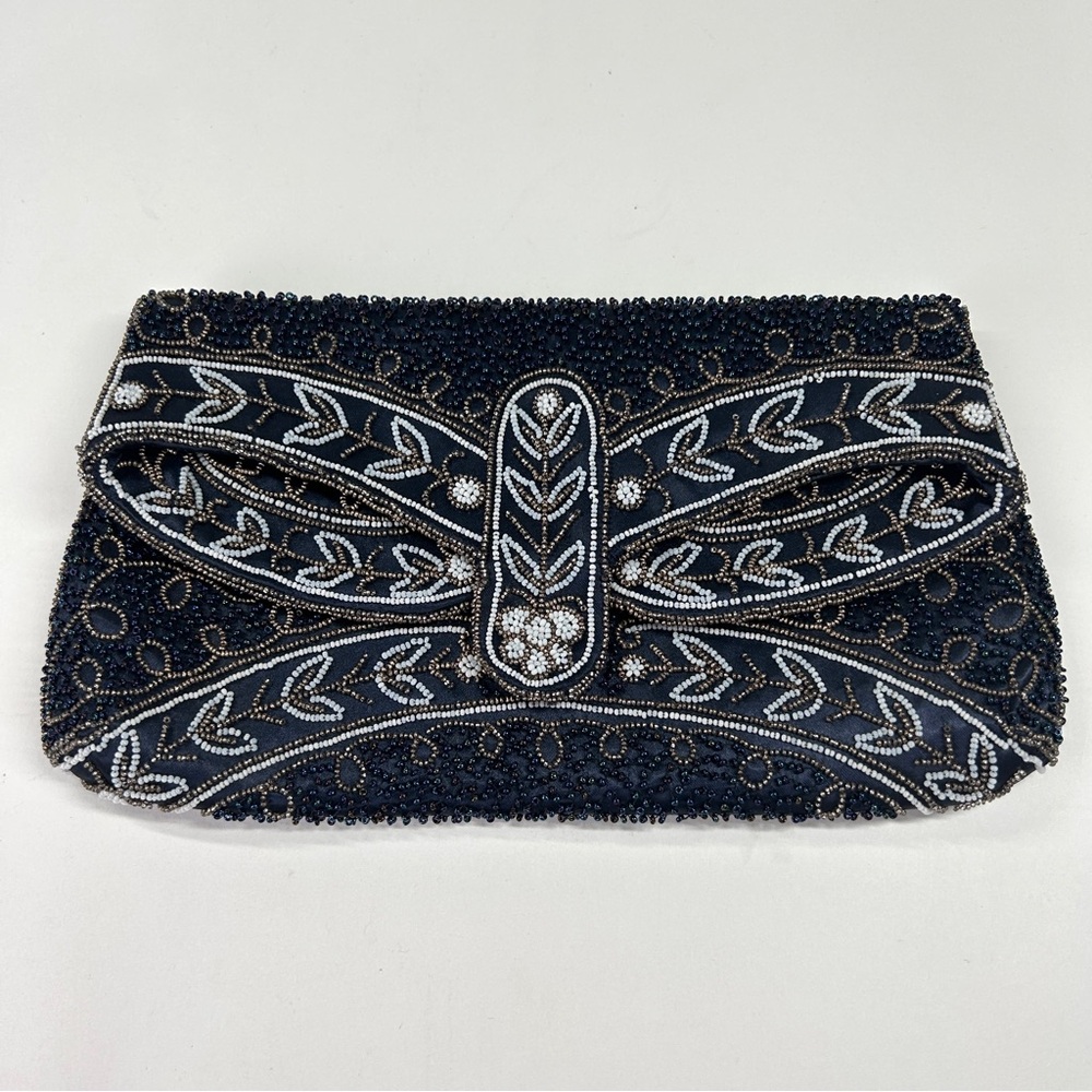 Vintage Classic Floral Beaded Purse Wallet Silk Clutch Handmade in France #A45